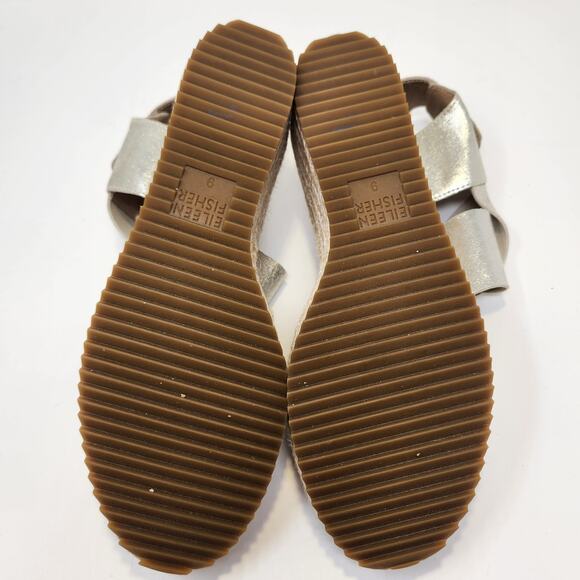 Eileen Fisher Willow Espadrille Wedge Sandals Size 9 Gold Metallic Leather - Picture 8 of 9